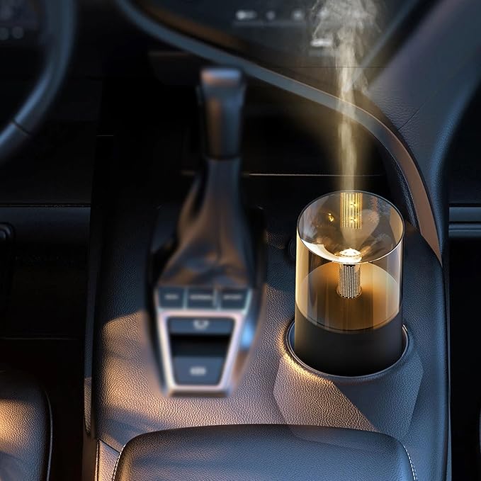 Essential Oil Diffuser Mini Portable Car USB Diffuser Humidifier with Candlelight Ambiance, Ultra Quiet Work for Office, Bedroom, Car Diffuser (Black)