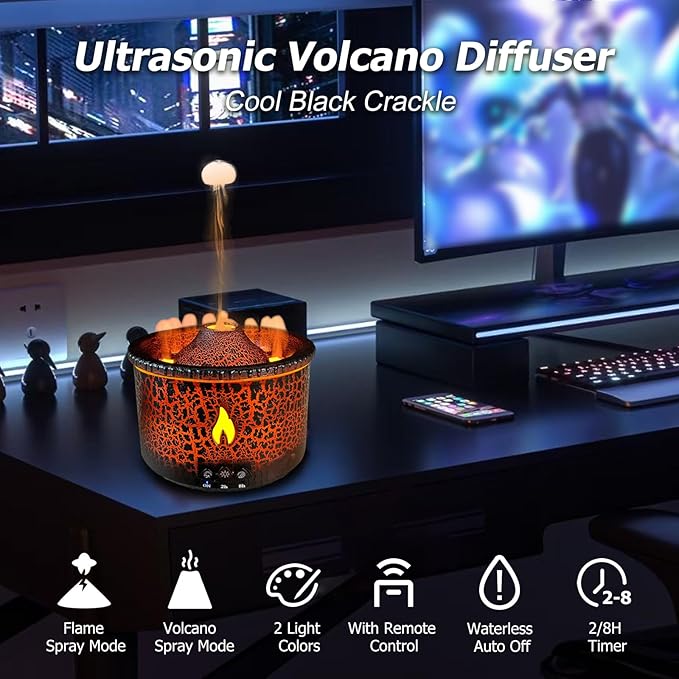Volcano Diffuser, Essential Oil Diffuser 300ml Volcano Humidifier with Flame & Volcano Mist Mode, 2 Colors, Timer, Auto Shut-Off, Remote Control, Flame Diffusers for Home Bedroom Black