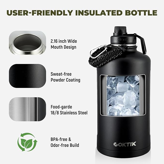 2 Pack 128 oz Insulated Water Bottle, Triple Wall Stainless Steel Flask, Keeps Drinks Cold for 48 Hrs Leak-Proof & BPA-Free Half Gallon Jug with Paracord Handle, Straw & Spout Lids(2 pack,Black)-FlexoryFit