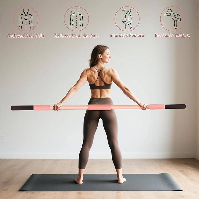 Pink Yoga Stick 58 Inch - Alloy Steel Stretching, Mobility & Exercise Stick with Neck & Hand Pads, Shoulder Flexibility Tool for Yoga, Pilates & Home Gym Workouts-FlexoryFit