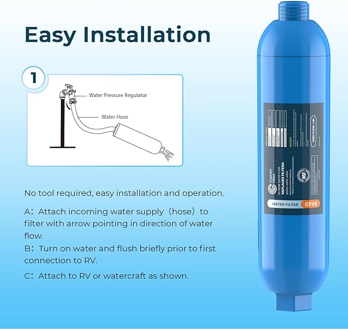 CRYSTALA RV/Camper Water Filter, Inline Water Filter Effectively Reduces Bad Taste, Odors, Chlorine and Sediment for RVs and Marines, 1 Pack Filter with 1 Flexible Hose Protector