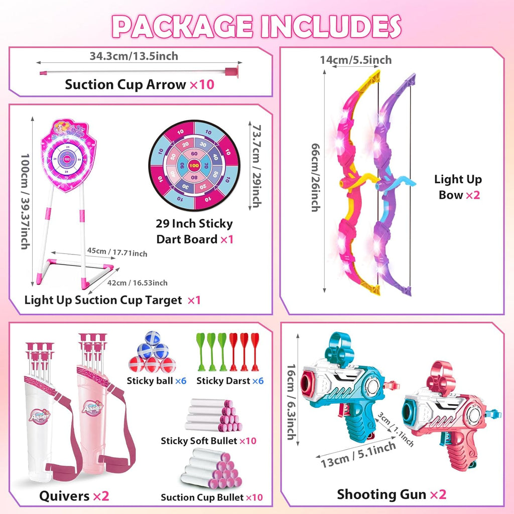VATOS 2 Pack Bow and Arrow Toy with LED Light - 4 in 1 Archery & Dart Game Set with 20 Suction Cup Arrows, Mermaid Glow Target & Dart Board - Indoor/Outdoor Birthday Gift for Kids Boys Girls Ages 5-12