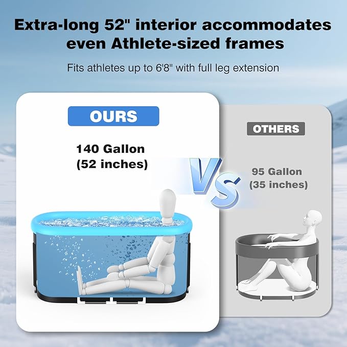 XL 140 Gal Ice Bath Tub for Athletes Recovery, 12-Support Portable Cold Plunge Tub, Ice Tub for Cold Water Therapy, Insulated Design with Cover, Quick Drainage for Home, Gym, Indoor & Outdoor Use