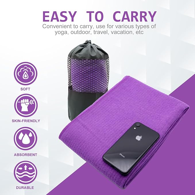 Eunzel Yoga Towel,Hot Yoga Mat Towel with Grip Dots Sweat Absorbent Non-Slip for Hot Yoga, Pilates and Workout 24" x72", Purple-FlexoryFit