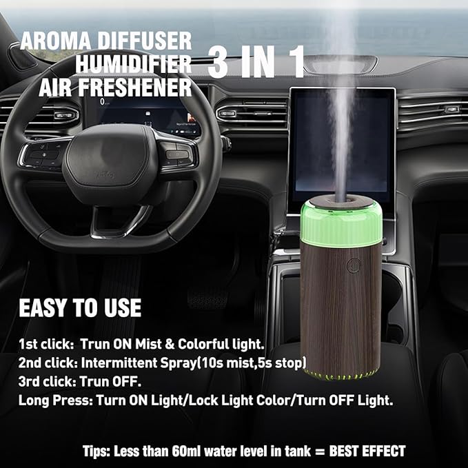 Upgrade Car Diffuser,90ml USB Rechargeable Aroma Essential Oil Aromatherapy Humidifier Diffuser(Built-in Battery Dark Grey Wood Grain)