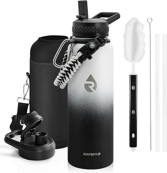 Insulated Water Bottle 40 oz, Triple Wall Vacuum Stainless Steel (Cold for 48 Hrs), Leak Proof & Non-BPA, Modern Water Flask Jug with Paracord Handle & Straw Spout Lids, Ombre: White/Black-FlexoryFit