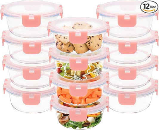 12 Pack 13oz Small Glass Food Storage Containers with Lids Airtight, Leak-Proof Round Meal Prep Containers Set, Freezer to Microwave Safe, Dishwasher Safe-FlexoryFit