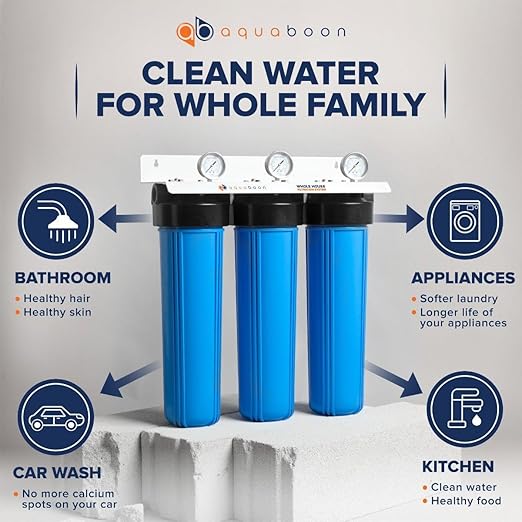 Aquaboon 3-Stage Whole House Water Filtration System with 20" Sediment, KDF, Carbon Filters, Pressure Gauges & Release, Wrench, White Coated Bracket