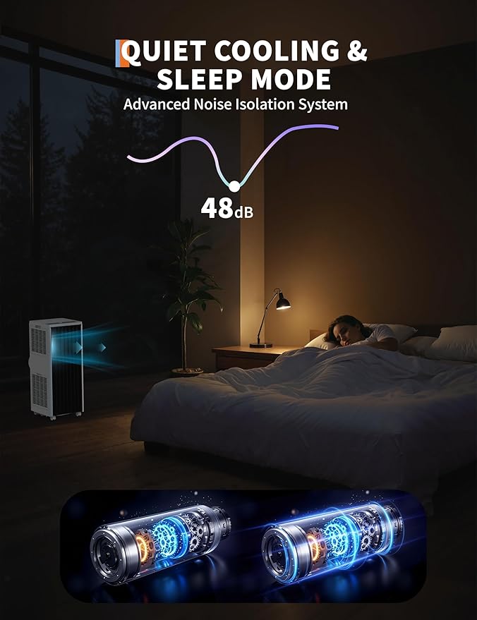 8000 BTU Portable Air Conditioner for Rooms up to 350 Sq. Ft, 3-in-1 Cooling, Dehumidifier & Fan with Quiet Operation, Efficient Cooling, Sleep Mode, 24-Hour Timer & Remote Control, Black & White