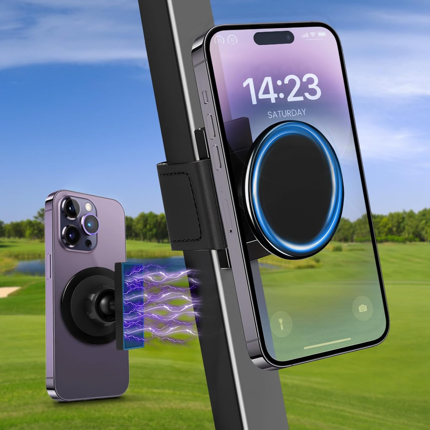 Magnetic Golf Cart Phone Holder Work with Magsafe iPhone 16-12 Series and All Phones, Fits Yamaha, EZGO, Club Car Golf Cart, Alloy Strong Magnetic Phone Mount for Gym, Kitchen, with Metal Plate