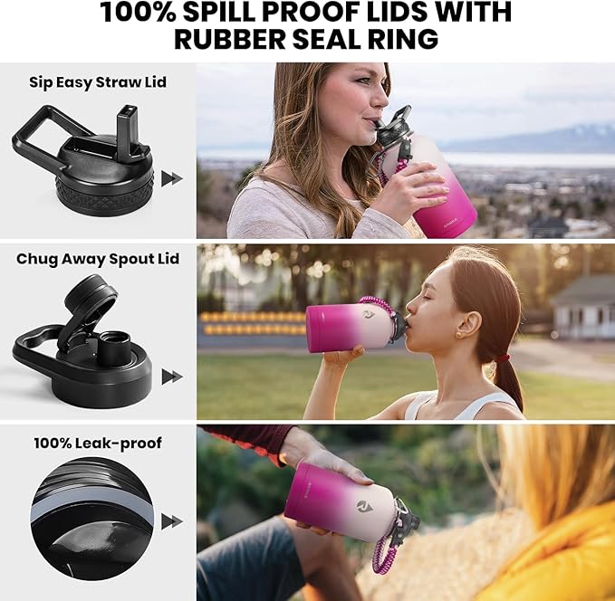 Insulated Water Bottle 64 oz, Triple Wall Vacuum Stainless Steel (Cold for 48 Hrs), Leak Proof & Non-BPA, Half Gallon Water Flask Jug with Paracord Handle & Straw Spout Lids, Ombre Pink-FlexoryFit