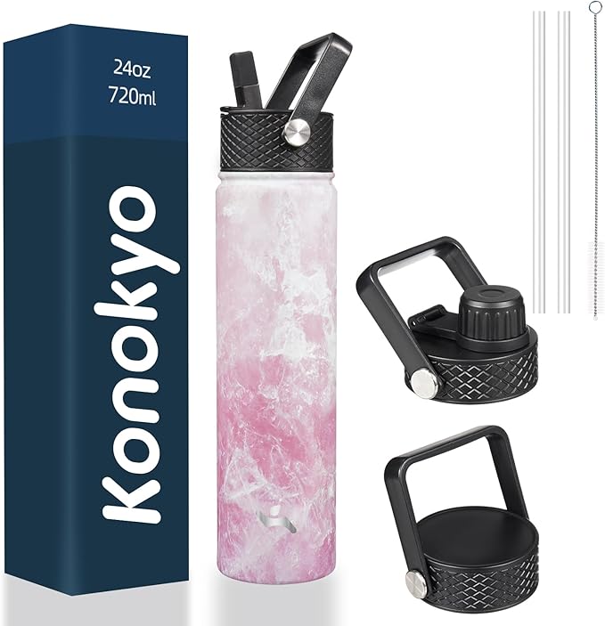 Insulated Water Bottle 24oz Stainless Steel Sport Bottles with 3 Lids,Marble Blossom-FlexoryFit