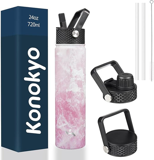 Insulated Water Bottle 24oz Stainless Steel Sport Bottles with 3 Lids,Marble Blossom-FlexoryFit