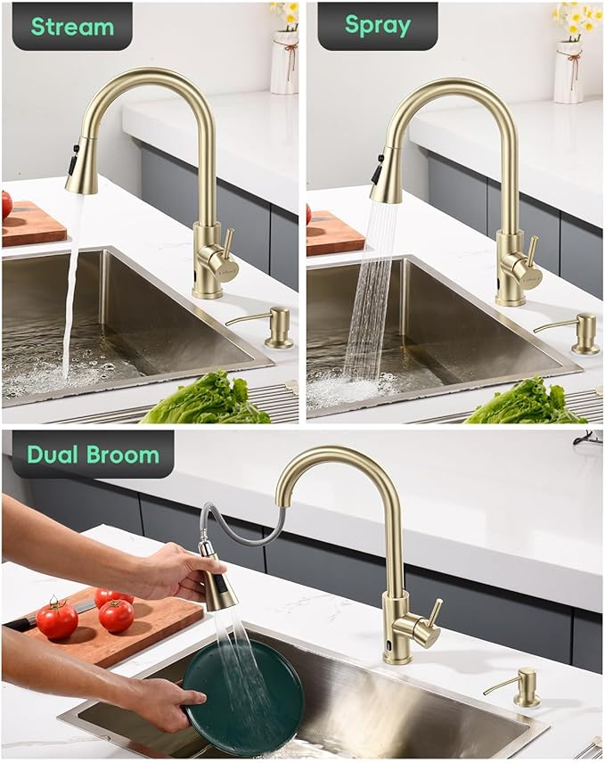 APPASO Gold Kitchen Faucet Touchless, Hands Free Sink Faucets with Soap Dispenser and Pull Down Sprayer 3 Modes, Motion Sensor Faucets for 1 to 4 Holes Sink with Deck Plate, High Arch & Single Handle