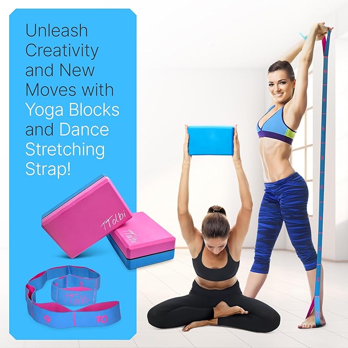 Yoga Blocks 2 Pack Set with Dance Stretch Band & Guide: Non-Slip EVA Foam Block - Ideal Stretching Equipment for Home Workouts, Pilates, Dance, Ballet, Gymnastics, Exercise - Stretch Strap Stuff Props-FlexoryFit