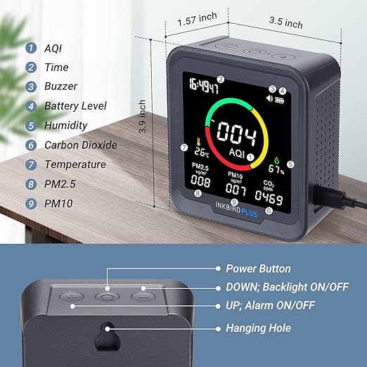 INKBIRDPLUS 6-in-1 Indoor Air Quality Monitor, Detects CO2, PM2.5, PM10, AQI, Temperature and Humidity with Alarm, for Rooms, Cellars, Grow Tents, Offices, etc. (PTH-9A)