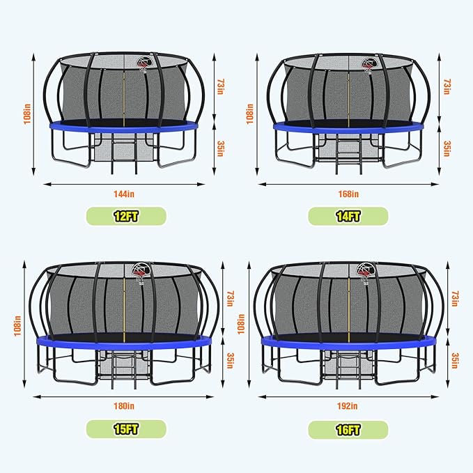 10 12 14 15 16FT Outdoor Trampolines for Kids and Adults, Pumpkin Trampoline with Curved Poles, Recreational Trampoline with Basketball Hoop and Safety Enclosure Net for Kids and Adults-FlexoryFit