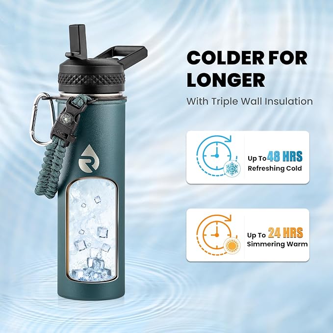Insulated Water Bottle 20 oz, Triple Wall Vacuum Stainless Steel (Cold for 48 Hrs), Leak Proof & Non-BPA, Kids Water Bottle Jug for School with Straw Spout Lids, Dark Green-FlexoryFit
