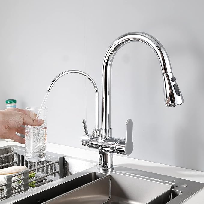 Kitchen Faucet with Pull Down Sprayer Modern 2 Handle Kitchen Faucets Drinking Water Faucet Reverse Osmosis Faucet for Kitchen Sink 3 in 1 High Arc Water Purifier Faucets Lead-Free Brass,Chrome