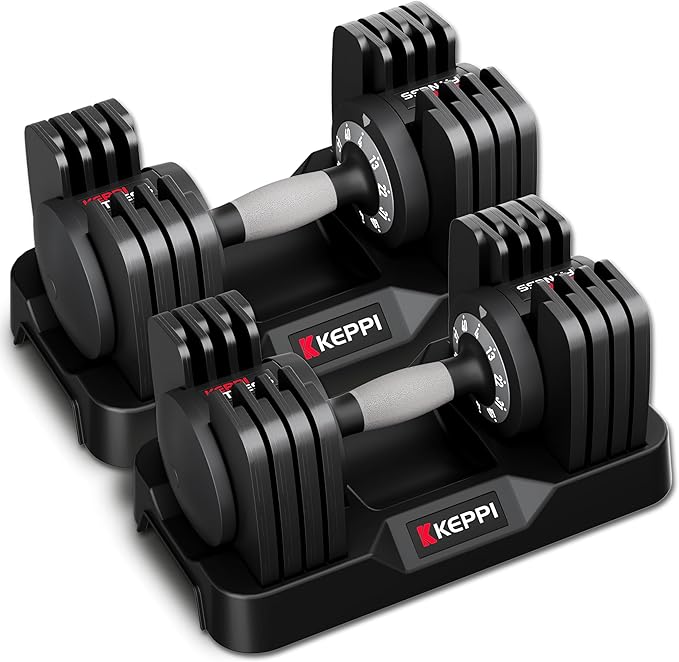 Keppi Adjustable Dumbbells Set-25lb/40lb/55lb/60lb, Anti-Slip Metal Fast Adjust Weight Handle, Exercise & Fitness for Full Body Workout - Adjustable Dumbbell Series-FlexoryFit