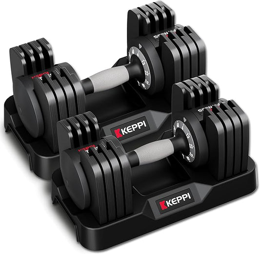 Keppi Adjustable Dumbbells Set-25lb/40lb/55lb/60lb, Anti-Slip Metal Fast Adjust Weight Handle, Exercise & Fitness for Full Body Workout - Adjustable Dumbbell Series-FlexoryFit