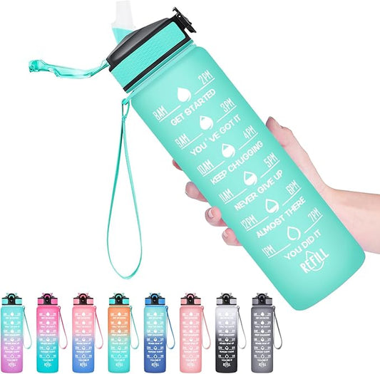 Hyeta 32 oz Water Bottles with Times to Drink and Straw, Motivational Water Bottle with Time Marker, Leakproof, Drinking Sports Water Bottle for Fitness, Gym and Outdoor-FlexoryFit