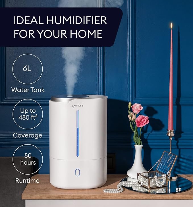 Top Fill Humidifier with Essential Oil Diffuser 6L for Home, Baby, Bedroom, Large Room & Indoor Plants, Cool Mist Ultrasonic Quiet Air Humidifiers, Automatic Humidity Control, Night Light (6L, White)