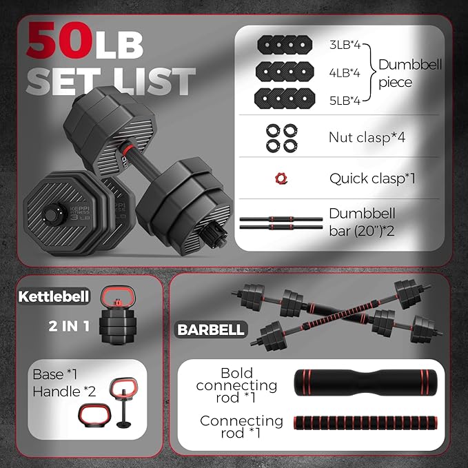 KeppiFitness Adjustable Dumbbell Set, 30/40/50/70/90 lb Weight Set with Connector Bar, 4 in 1 Workout Gear with Dumbbell, Kettlebell, Barbell, Push up Handle for Home Gym Fitness Exercise-FlexoryFit