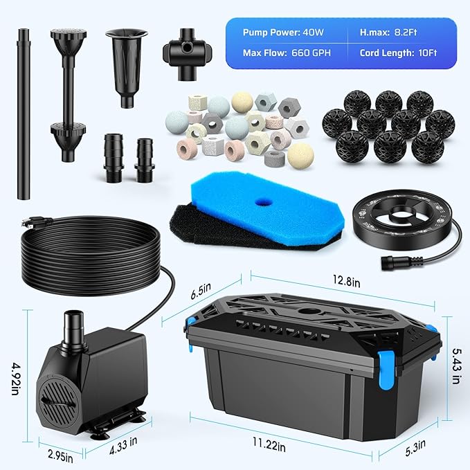 Antfraer Pond Filter with RGB Auto-Cycle LED Lights, Pond Filters for Outdoor Ponds Built In 660GPH Pond Pump, Pond Filter Box Suitable for Garden, Fountain, Pond, Waterfall, Aquarium-Corded Electric