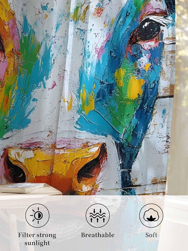 Sheer Curtains 54 Inch Length, Funny Colorful Cow Semi Sheer Curtains Light - Image 6