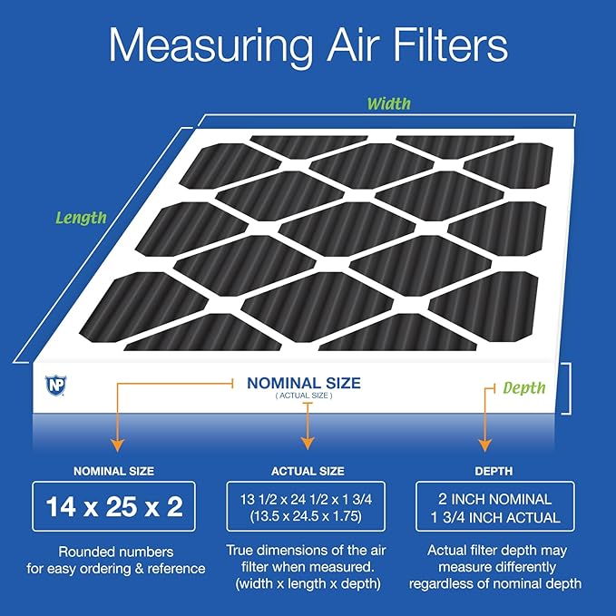 Nordic Pure 14x25x2 (Actual Size: 13 1/2 x 24 1/2 x 1 3/4) Pure Carbon Pleated Odor Reduction Merv 8 Furnace Filters 3 Pack