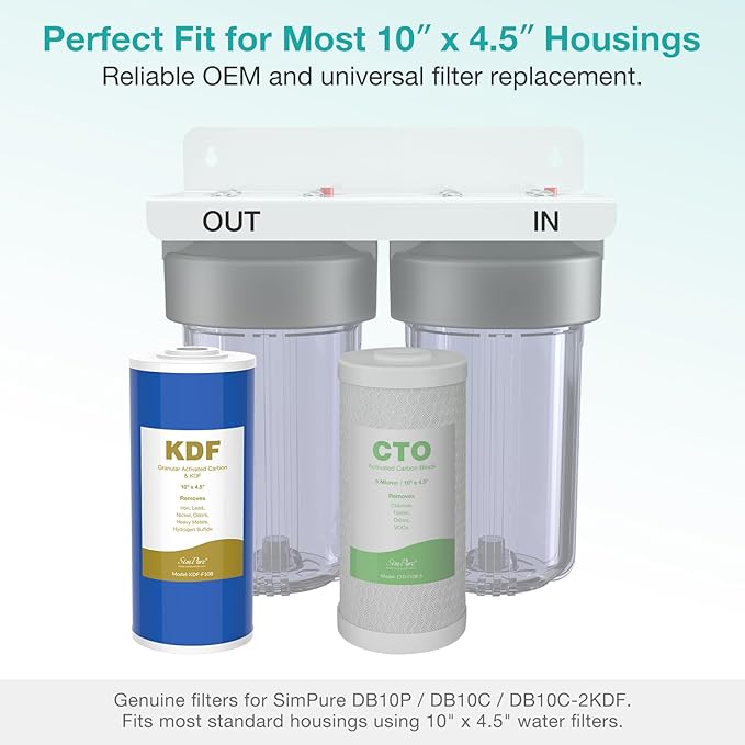 SimPure 10" x 4.5" Carbon and KDF Filters, Whole House KDF/GAC Heavy Metal Water Filter Cartridge Replacement for DB10C-2KDF, DB10P (6 Pack)