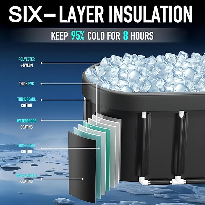 XL Ice Bath Tub For Athletes - 129 Gallon Oval Shaped Durable Frame - Recovery Cold Plunge & Cold Water Therapy - Portable Build - Easy Installation - Includes Two Collapsible Ice Molds & Thermometer