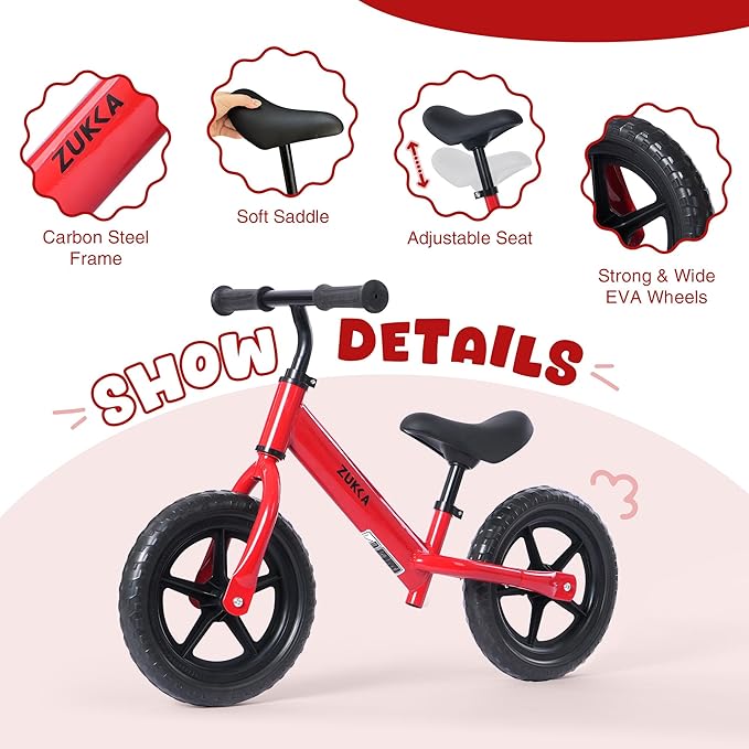 12 inch Toddler Balance Bike Adjustable Handlebar & Seat Anti-Slip Grip Suitable for 2-5 Years Old with Footrest Lightweight for Tolddlers Boys Girls Multiple Colors to Choose-FlexoryFit
