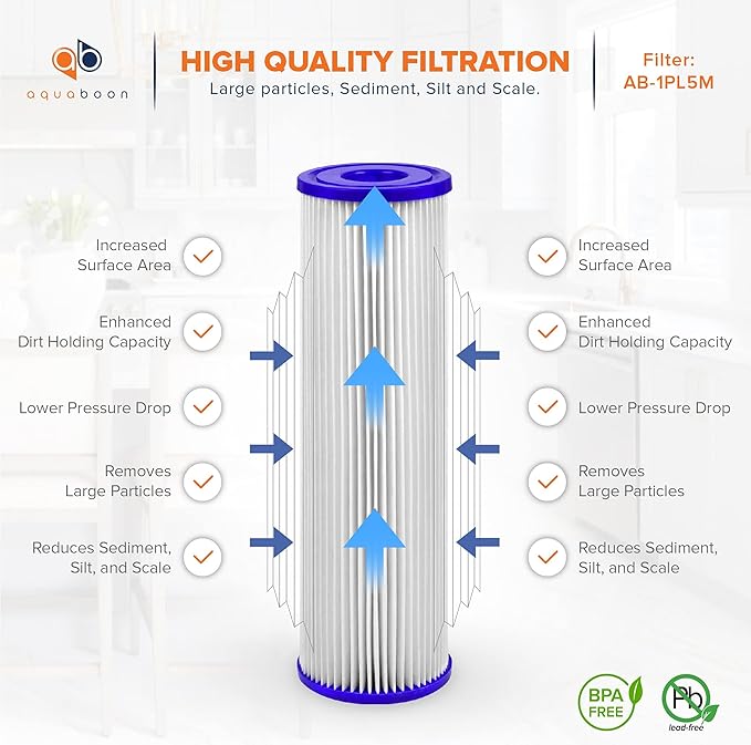 Aquaboon 5 Micron 10x2.5 Whole House Pleated Sediment Filter Cartridge for Well Water Filter Replacement Compatible with WFPFC3002, WHKF-WHPL, 25-Pack