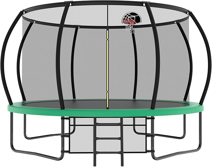 10 12 14 15 16FT Outdoor Trampolines for Kids and Adults, Pumpkin Trampoline with Curved Poles, Recreational Trampoline with Basketball Hoop and Safety Enclosure Net for Kids and Adults-FlexoryFit
