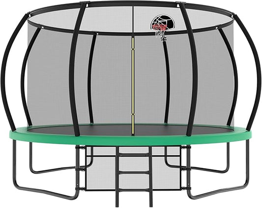 10 12 14 15 16FT Outdoor Trampolines for Kids and Adults, Pumpkin Trampoline with Curved Poles, Recreational Trampoline with Basketball Hoop and Safety Enclosure Net for Kids and Adults-FlexoryFit