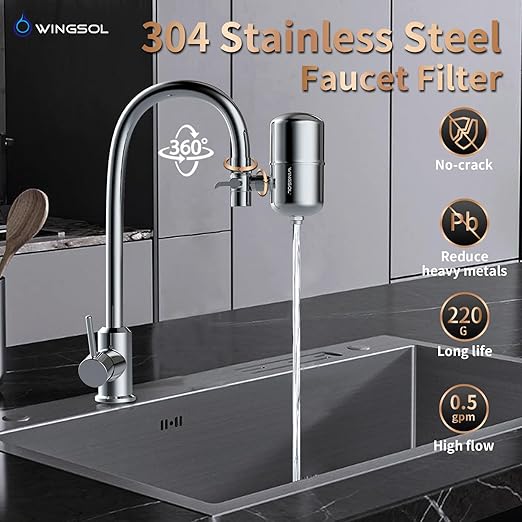 WINGSOL Faucet Filter Reduce Heavy Metals 99.6% Lead, Increase Water pH & Taste NSF/ANSI 42&53, 304 Stainless-Steel 220-Gallon 0.1µm Remineralize Water 5-in-1 Function WS-FM001-5in1