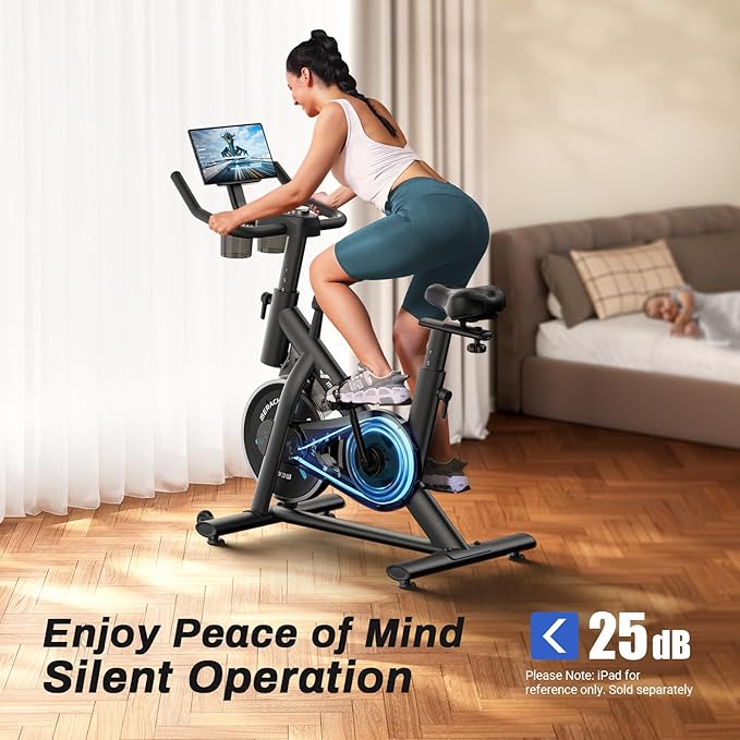 MERACH Exercise Bike, Brake Pad Stationary Bike with Exclusive App, Low Noise Indoor Cycling Bike with 300lbs Weight Capacity, Tablet Mount and Fitness Courses for Weight Loss-FlexoryFit