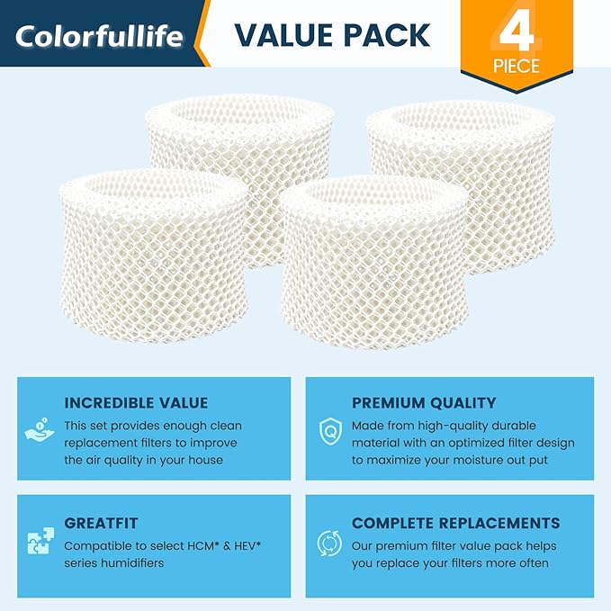 Colorfullife 4 Pack HAC-504 Humidifier Wicking Filters for Honeywell Humidifier HAC-504 HAC-504AW HAC504V1 HCM350 HCM-350W HCM-300T HCM-315T HCM-530 HCM-600 HCM-710 HEV-312, Replacement Filter A