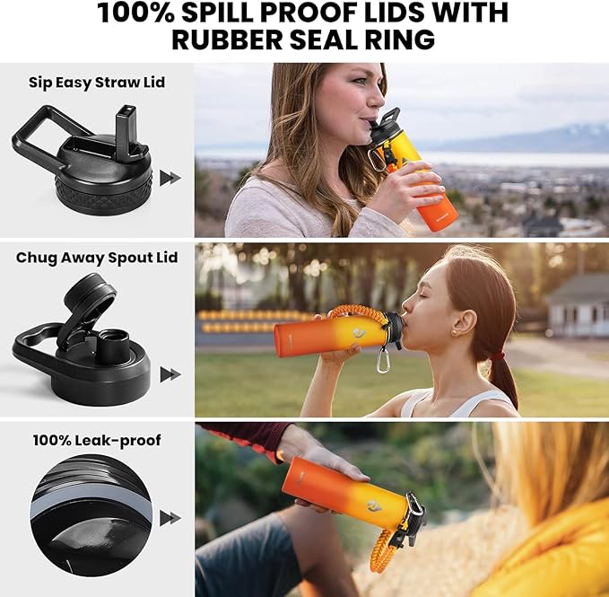 Insulated Water Bottle 24oz, Triple Wall Vacuum Stainless Steel (Cold for 48 Hrs, Hot for 24Hrs), Leak Proof & Non-BPA, 24oz Hydro Water Flask with Paracord Handle & Straw Spout Lids-FlexoryFit