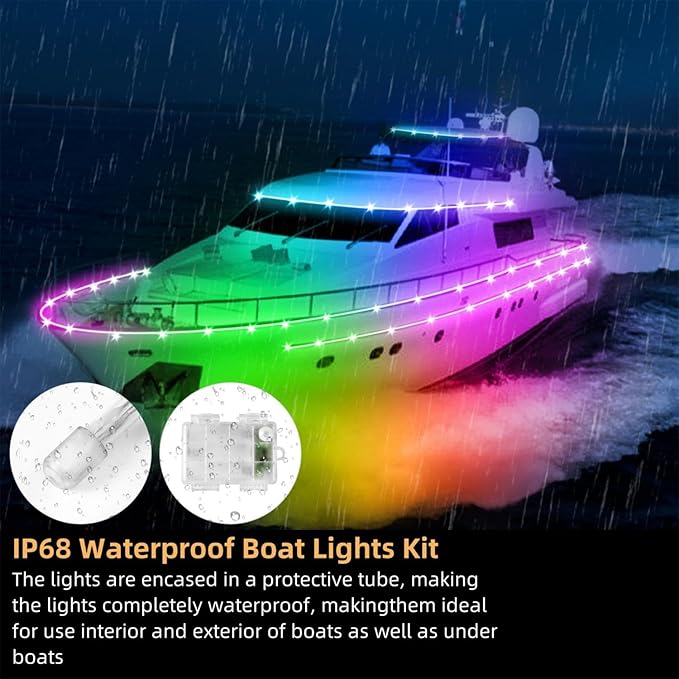 Kayak Paddle Board Lights Kit, IP68 Waterproof Dream Color SUP Glow Light with Remote, Battery Powered Kayak Lights for Night Kayaking SUP Canoes, Marine Pontoon Boats Light (26FT)