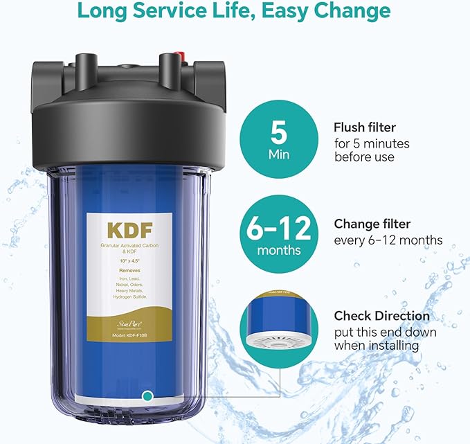 SimPure 10" x 4.5" Carbon and KDF Filters, Whole House KDF/GAC Heavy Metal Water Filter Cartridge Replacement for DB10C-2KDF, DB10P (4 Pack)