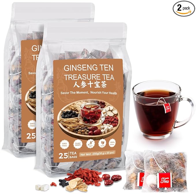 Kidney Tea Formula Ginseng Six Treasure Tea, Ginseng Five Treasure Cleanse Detox Teabag, 10 Precious Ingredients Formula Support Kidney and Live Health for Men Women (50 Bags/2 Pack)-FlexoryFit