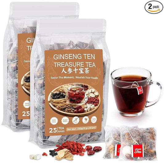 Kidney Tea Formula Ginseng Six Treasure Tea, Ginseng Five Treasure Cleanse Detox Teabag, 10 Precious Ingredients Formula Support Kidney and Live Health for Men Women (50 Bags/2 Pack)-FlexoryFit