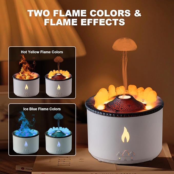 Volcano Humidifier Flame Aroma Diffuser: 300ml Aromatherapy Humidifier Jellyfish/Flame 2 Mist Mode Air Humidifier Remote Control Super Quiet Oil Cold Mist Diffuser for Gym(Double Color Flame)