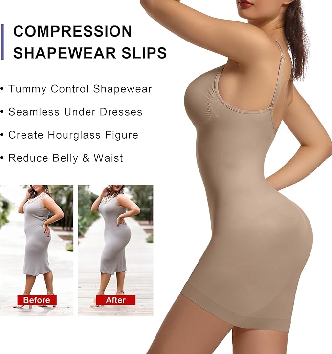 SHAPERX Strapless Shapewear Dress for Women Tummy Control Seamless Full Body Shaper Slip with Removable Straps