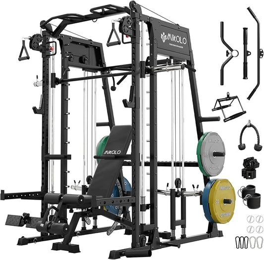 Mikolo Smith Machine, 2200lbs Squat Rack with LAT-Pull Down System & Cable Crossover Machine, Training Equipment with Leg Hold-Down Attachment-FlexoryFit