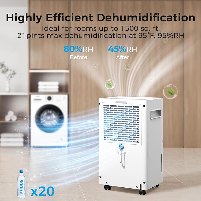 1500 Sq.ft Dehumidifier for Basement, SEAVON 21 Pint Dehumidifiers with Drain Hose for Home Large Room Bedroom Bathroom, Powerful Moisture Removal, Smart Humidity Control & Display, 24H Timer, 3 Modes