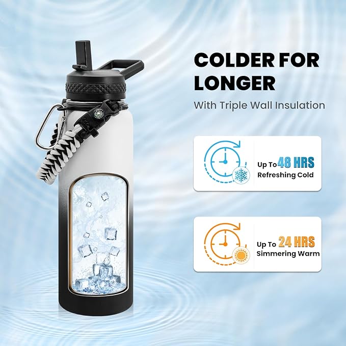 Insulated Water Bottle 40 oz, Triple Wall Vacuum Stainless Steel (Cold for 48 Hrs), Leak Proof & Non-BPA, Modern Water Flask Jug with Paracord Handle & Straw Spout Lids, Ombre: White/Black-FlexoryFit
